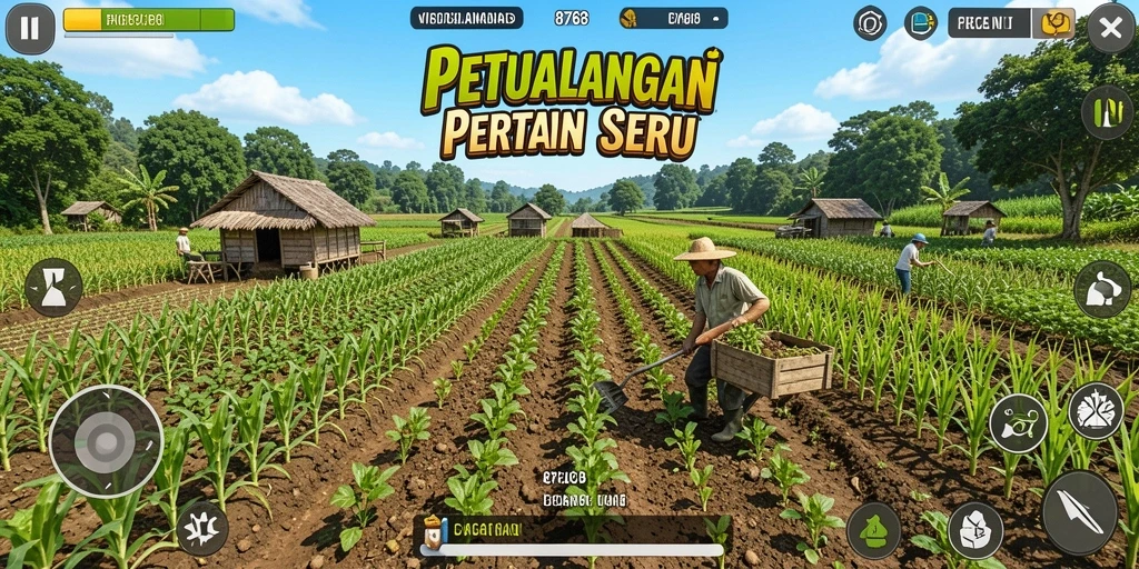 Tampilan gameplay 8768 dengan pertanian yang subur dan aktif.