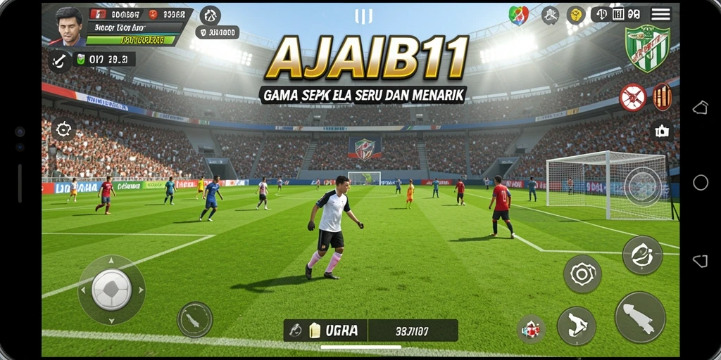 Tampilan gameplay AJAIB11 dengan aksi sepak bola yang intens.