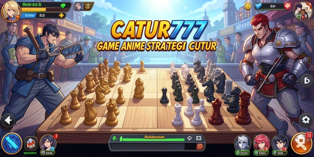 Tampilan screenshot CATUR777 dengan karakter anime dan papan catur yang seru.