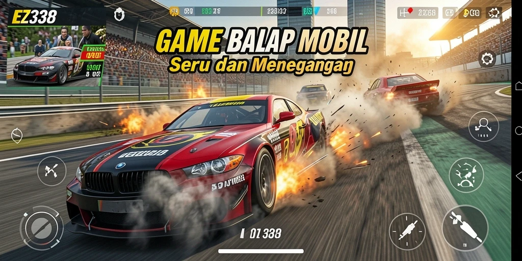 Screenshot gameplay EZ338 menampilkan aksi balap yang mendebarkan.