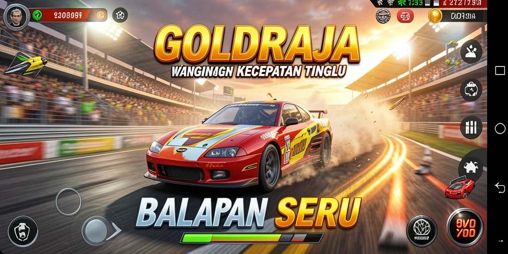 Tampilan gameplay seru di GOLDRAJA dengan mobil balap yang berkecepatan tinggi.