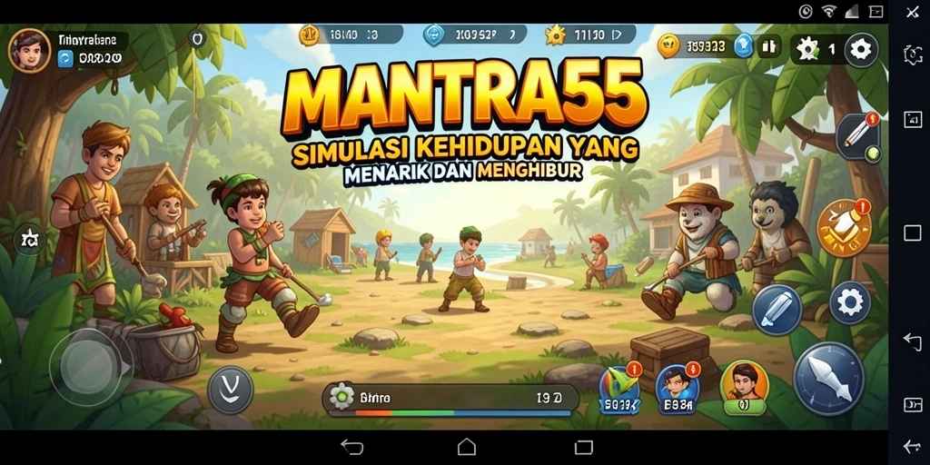 Tampilan utama <strong>MANTRA55</strong> menampilkan karakter dalam dunia simulasi yang hidup.
