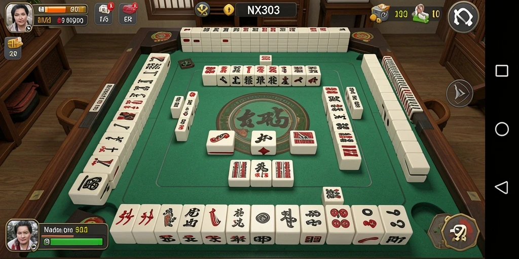 Tangkapan layar gameplay NX303 yang menunjukkan suasana permainan Mahjong.