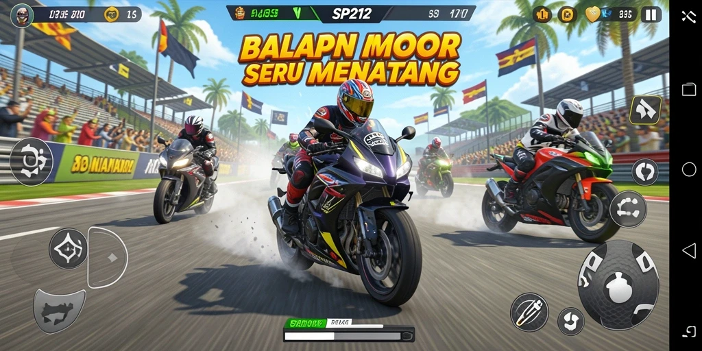 Gameplay SP212 menampilkan balapan motor yang mendebarkan dan penuh aksi.