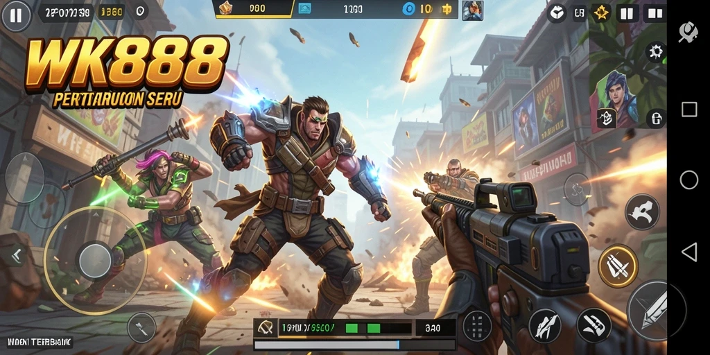 Screenshot gameplay WK888 menunjukkan aksi intense dalam TPS.